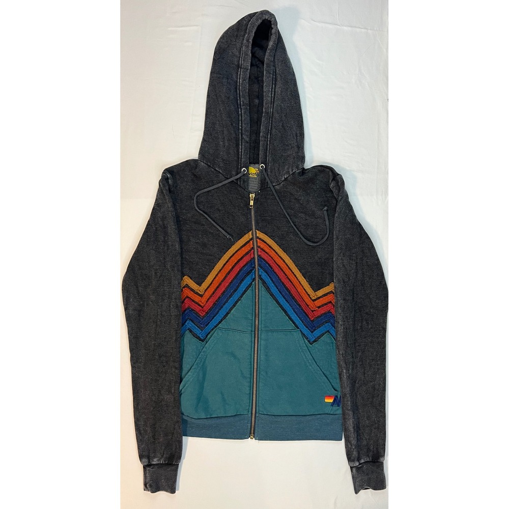 Aviator Nation Chevron Rainbow Zip Hoodie Charcoal Teal XS
